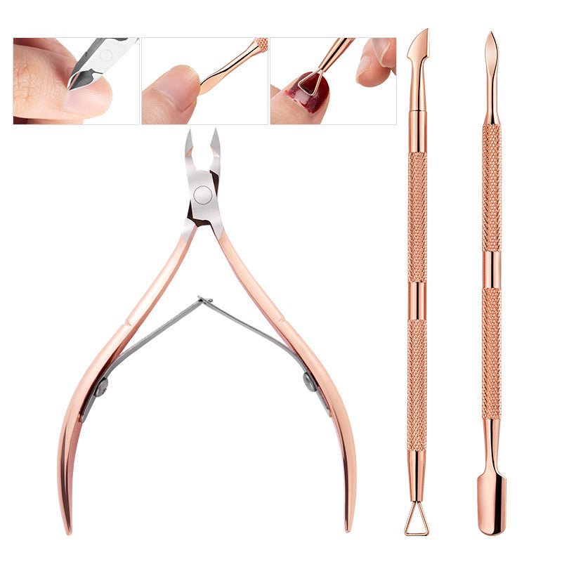 3pc Golden Stainless Steel Cuticle Pusher Fingernail Trimmer Nail Gel Remover