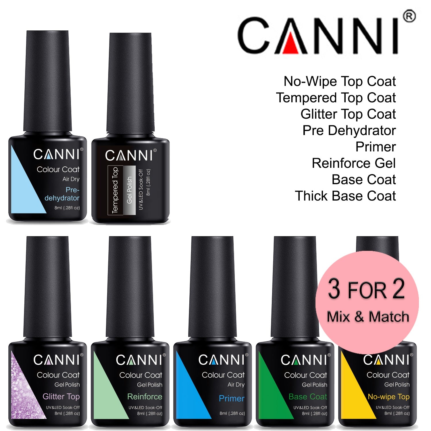 CANNI Glitter / Matte / Non Cleansing / Tempered Top Coat / Base Coat - 8ml Bottle