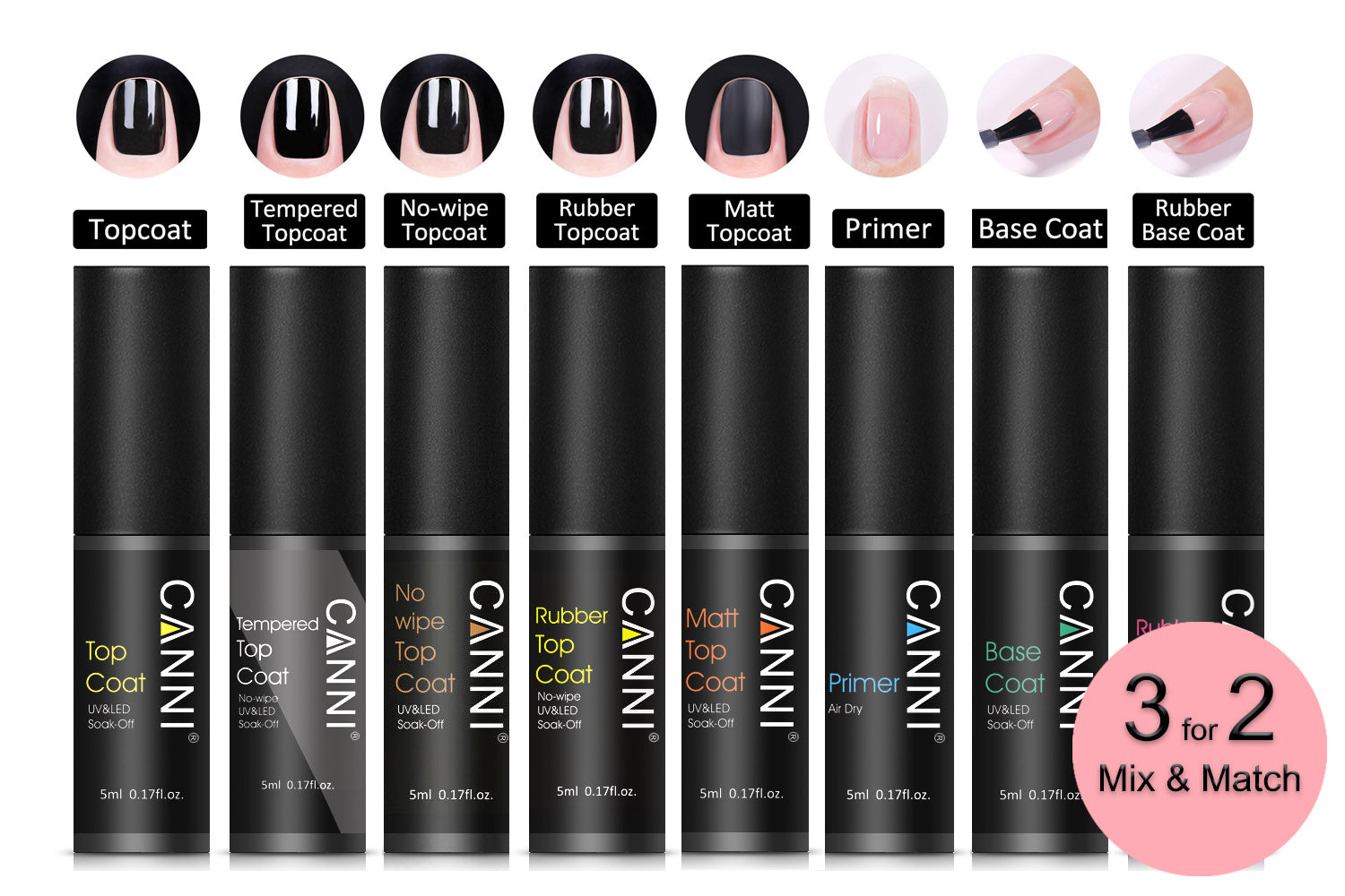CANNI Matte / Non Cleansing / Tempered / Rubber Top Coat / Base Coat - 5ml Bottle