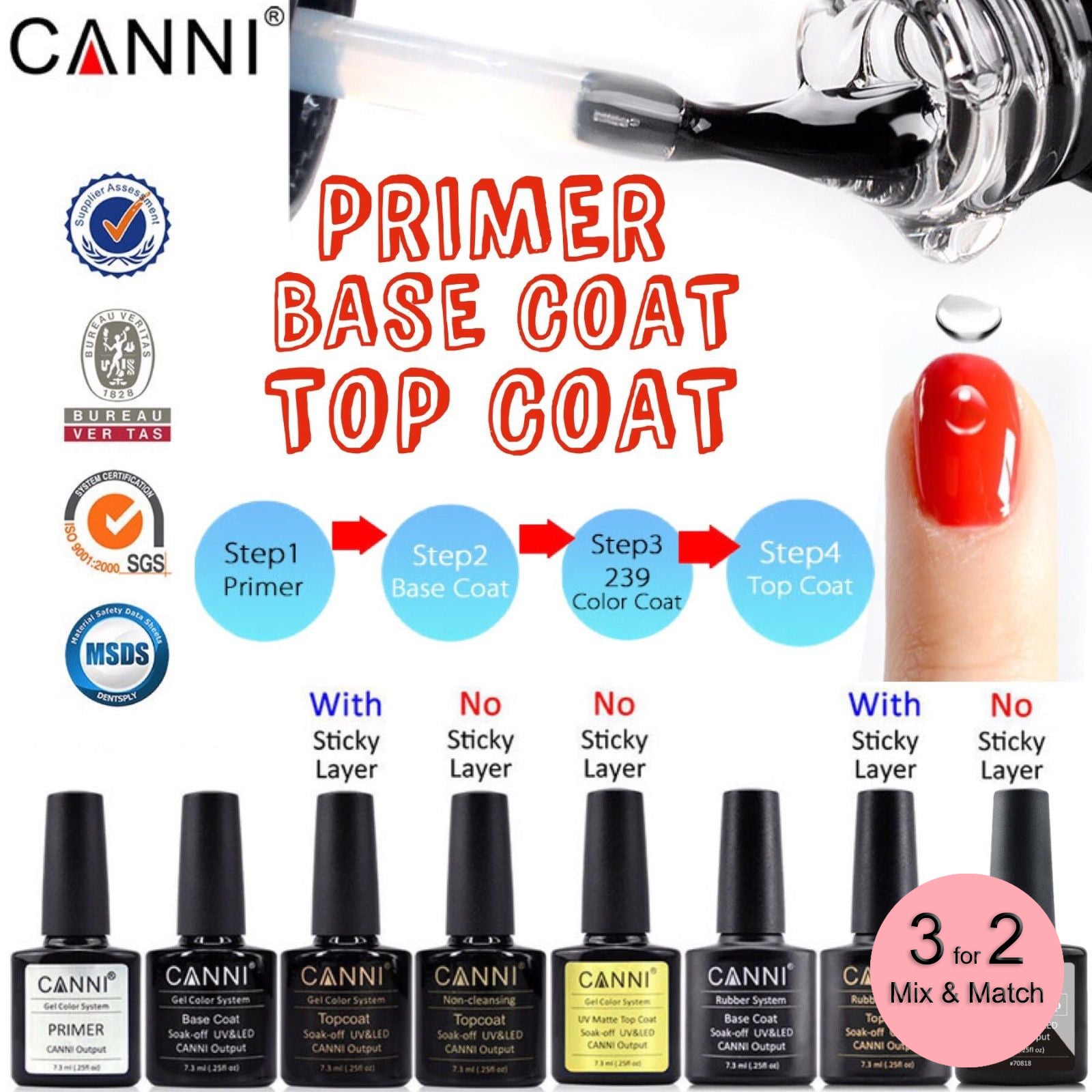 CANNI Matte / Non Cleansing / Tempered / Rubber Top Coat / Base Coat - 7.3ml Bottle