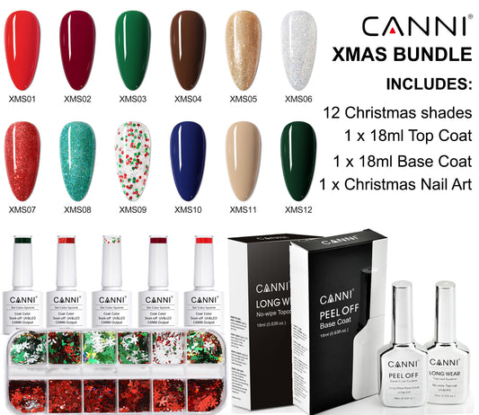 CANNI Christmas UV / LED Soak Off Nail Gels Bundle - 12 Bottles, 18ml Top + Base, Xmas Nail Art
