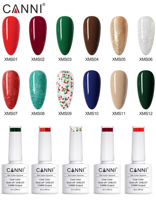 CANNI Christmas UV / LED Soak Off Nail Gels Bundle - 12 Bottles, 18ml Top + Base, Xmas Nail Art