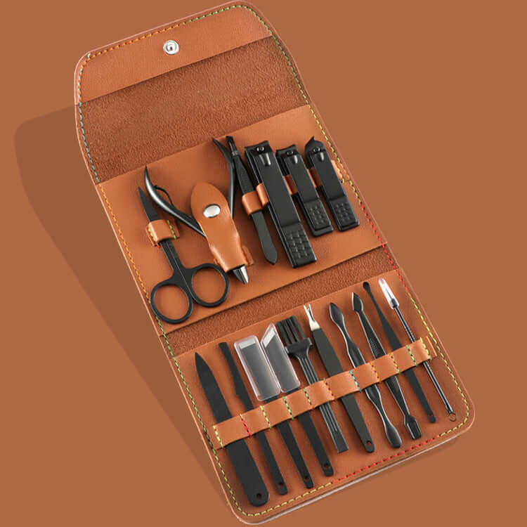 16 pcs Manicure Pedicure Set Finger Toe Nail Clippers Scissors Manicure Grooming Kit - Brown Pouch