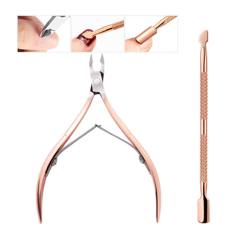 2pc Golden Stainless Steel Cuticle Pusher Fingernail Toenail Trimmer Clipper Nipper Cutter