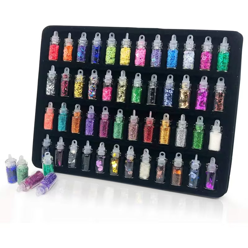 48 Bottles Nail Art Glitter Sequins Kit Multi Colour Mixed Shapes Resin Flakes