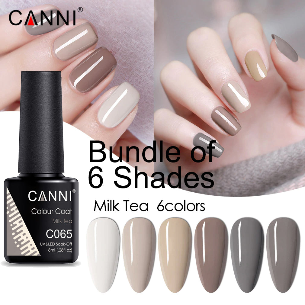 CANNI UV/LED Nail Gel Bundle of 6 bottles - Milk Tea Series for soft, neutral manicures