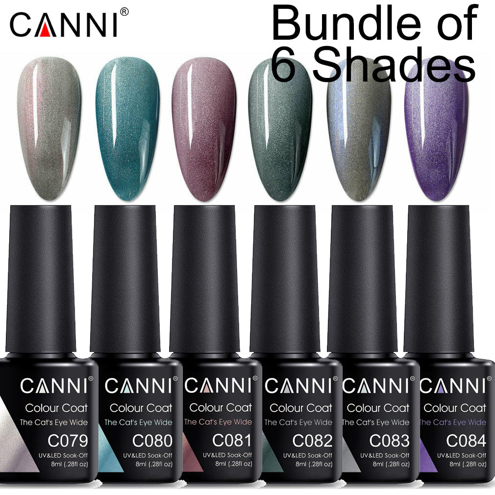 CANNI UV/LED Nail Gel Bundle of 6 bottles - Cats Eye Wide Series for magnetic effects