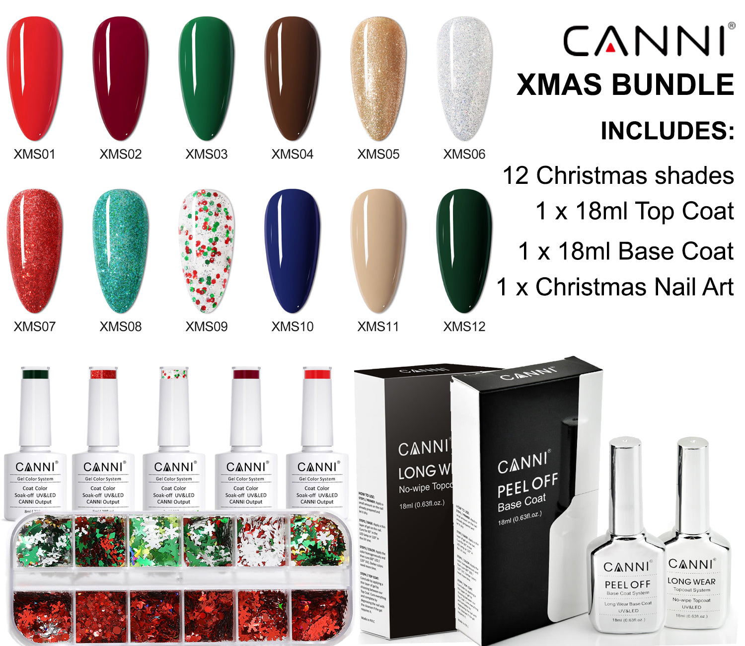 CANNI Christmas UV / LED Soak Off Nail Gels Bundle - 12 Bottles, 18ml Top + Base, Xmas Nail Art