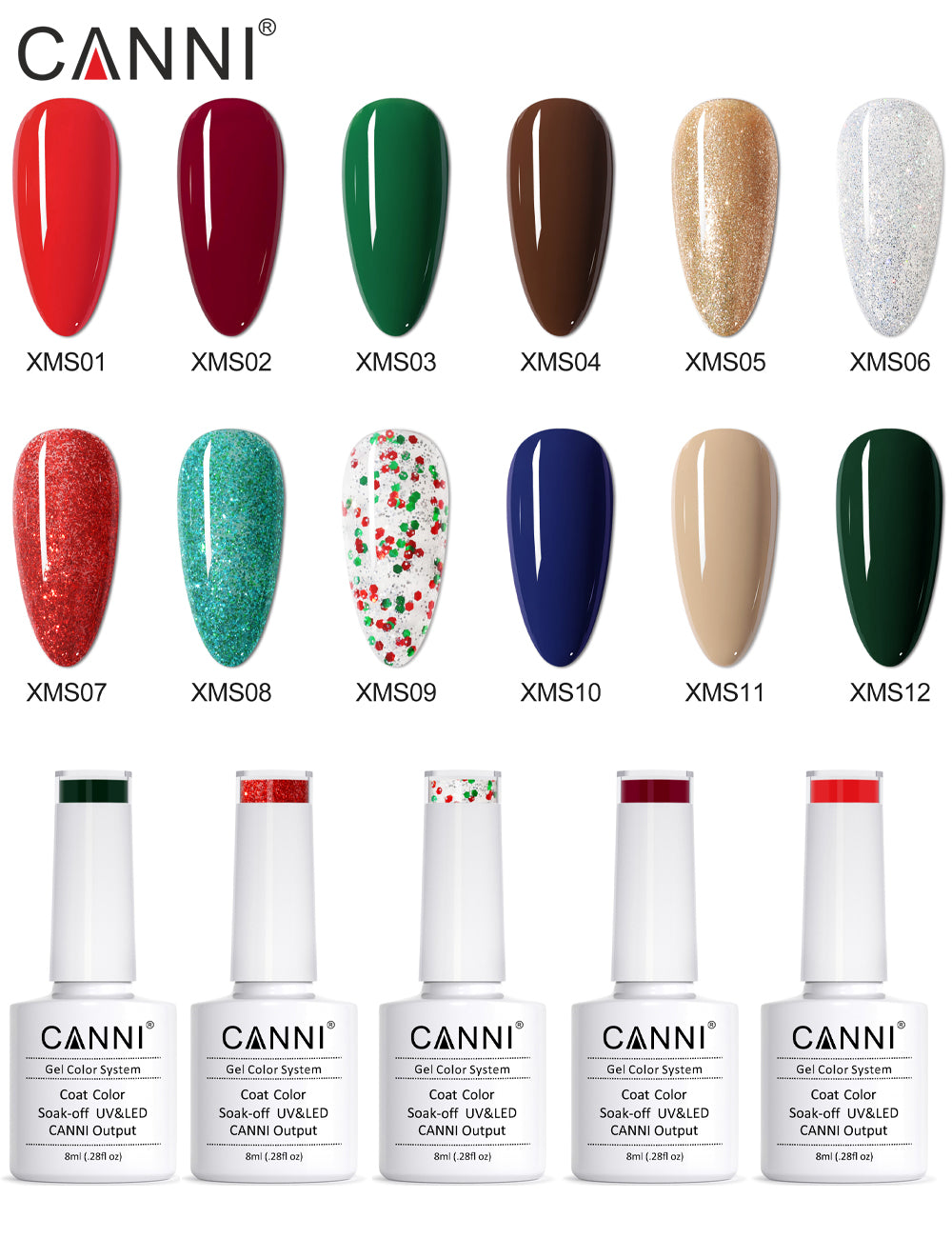 CANNI Christmas UV / LED Soak Off Nail Gels Bundle - 12 Bottles, 18ml Top + Base, Xmas Nail Art