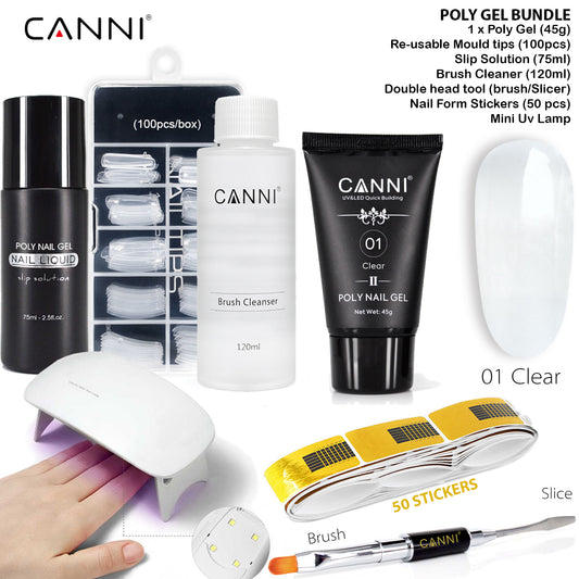 CANNI Poly Gel Bundle Includes (Poly Gel, Re-usable Moulds, Slip solution, Brush cleaner, Brush/slicer, Nail form, UV lamp)