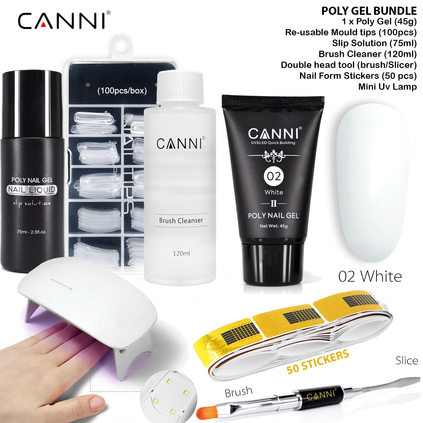 CANNI Poly Gel Bundle Includes (Poly Gel, Re-usable Moulds, Slip solution, Brush cleaner, Brush/slicer, Nail form, UV lamp)