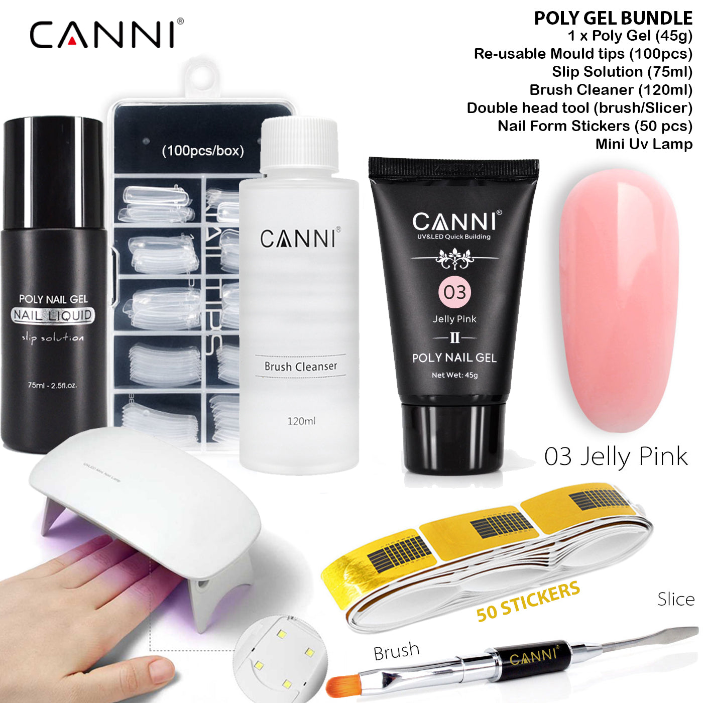 CANNI Poly Gel Bundle Includes (Poly Gel, Re-usable Moulds, Slip solution, Brush cleaner, Brush/slicer, Nail form, UV lamp)