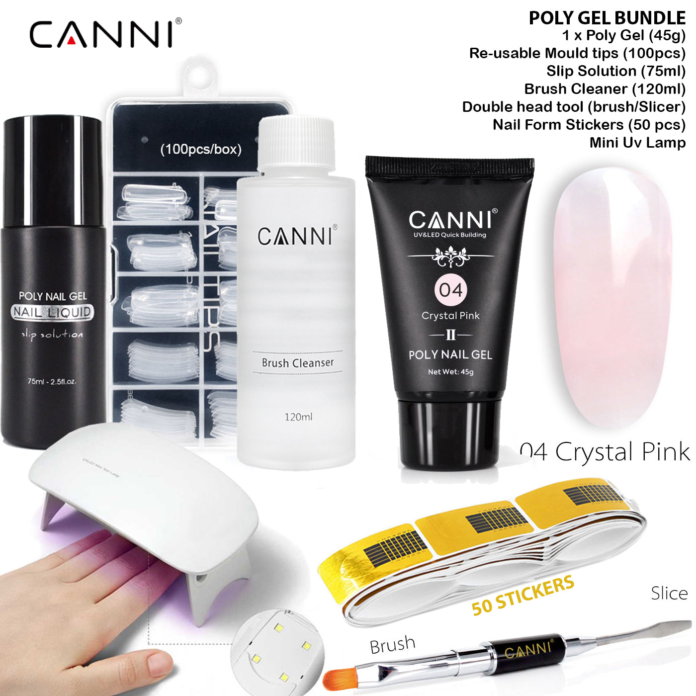 CANNI Poly Gel Bundle Includes (Poly Gel, Re-usable Moulds, Slip solution, Brush cleaner, Brush/slicer, Nail form, UV lamp)
