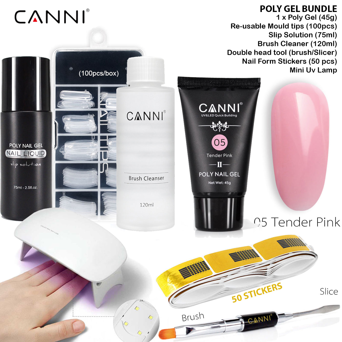 CANNI Poly Gel Bundle Includes (Poly Gel, Re-usable Moulds, Slip solution, Brush cleaner, Brush/slicer, Nail form, UV lamp)
