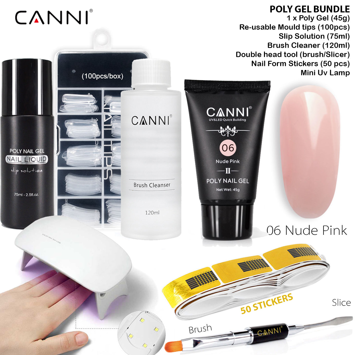 CANNI Poly Gel Bundle Includes (Poly Gel, Re-usable Moulds, Slip solution, Brush cleaner, Brush/slicer, Nail form, UV lamp)