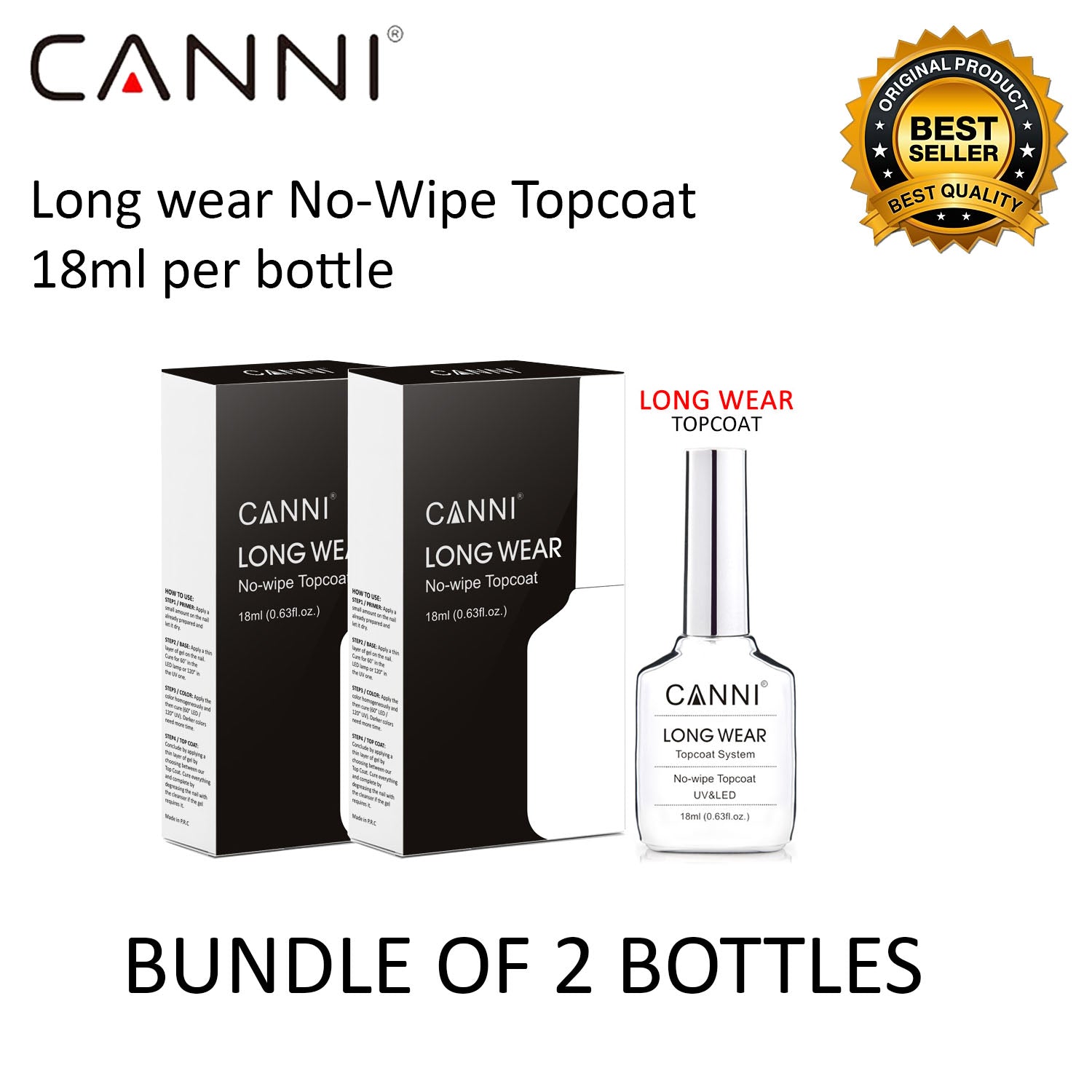 CANNI 18ml Long Wear Tempered No wipe Coat - 2 Bottles