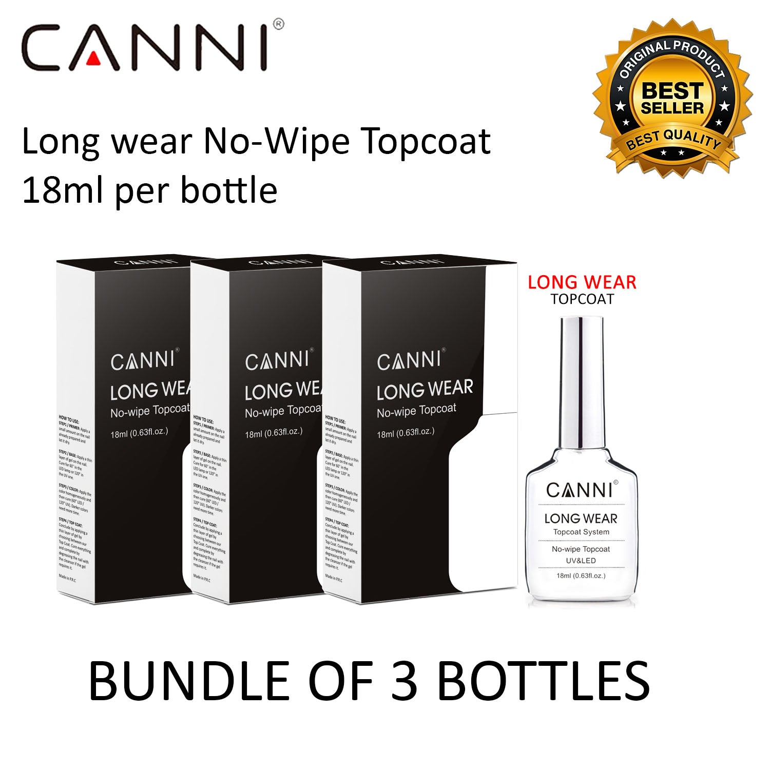 CANNI 18ml Long Wear Tempered No wipe Coat - 3 Bottles