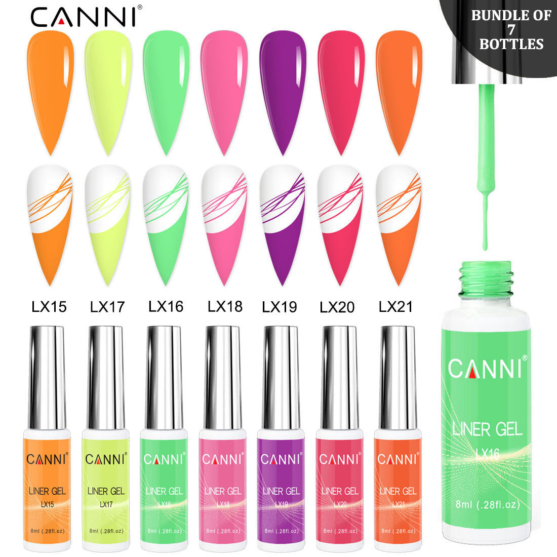 CANNI UV Liner Gel Nail Art Polish – 8ml | Bundle 02 | 7 Bottles
