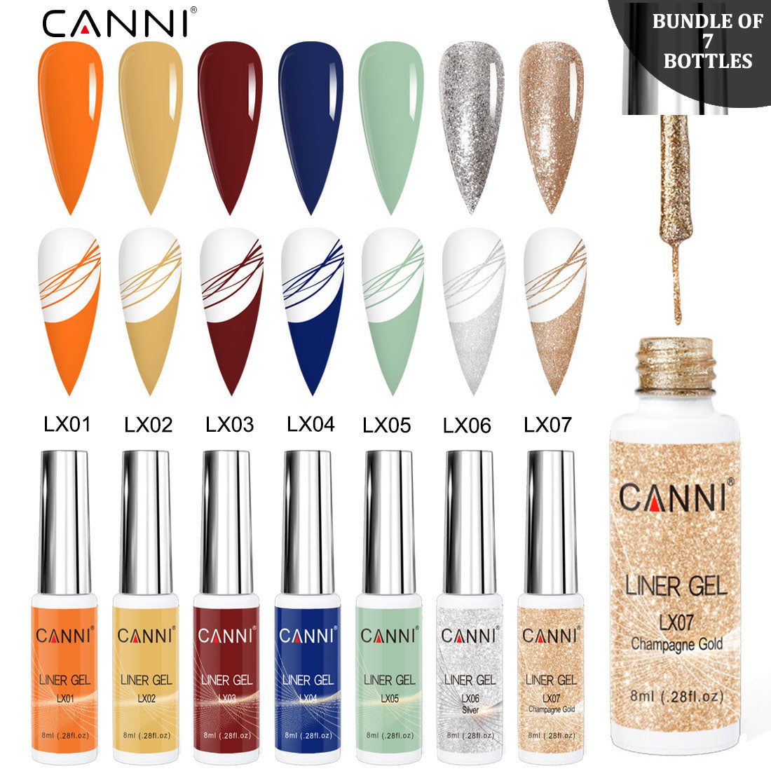 CANNI UV Liner Gel Nail Art Polish – 8ml | Bundle 03 | 7 Bottles