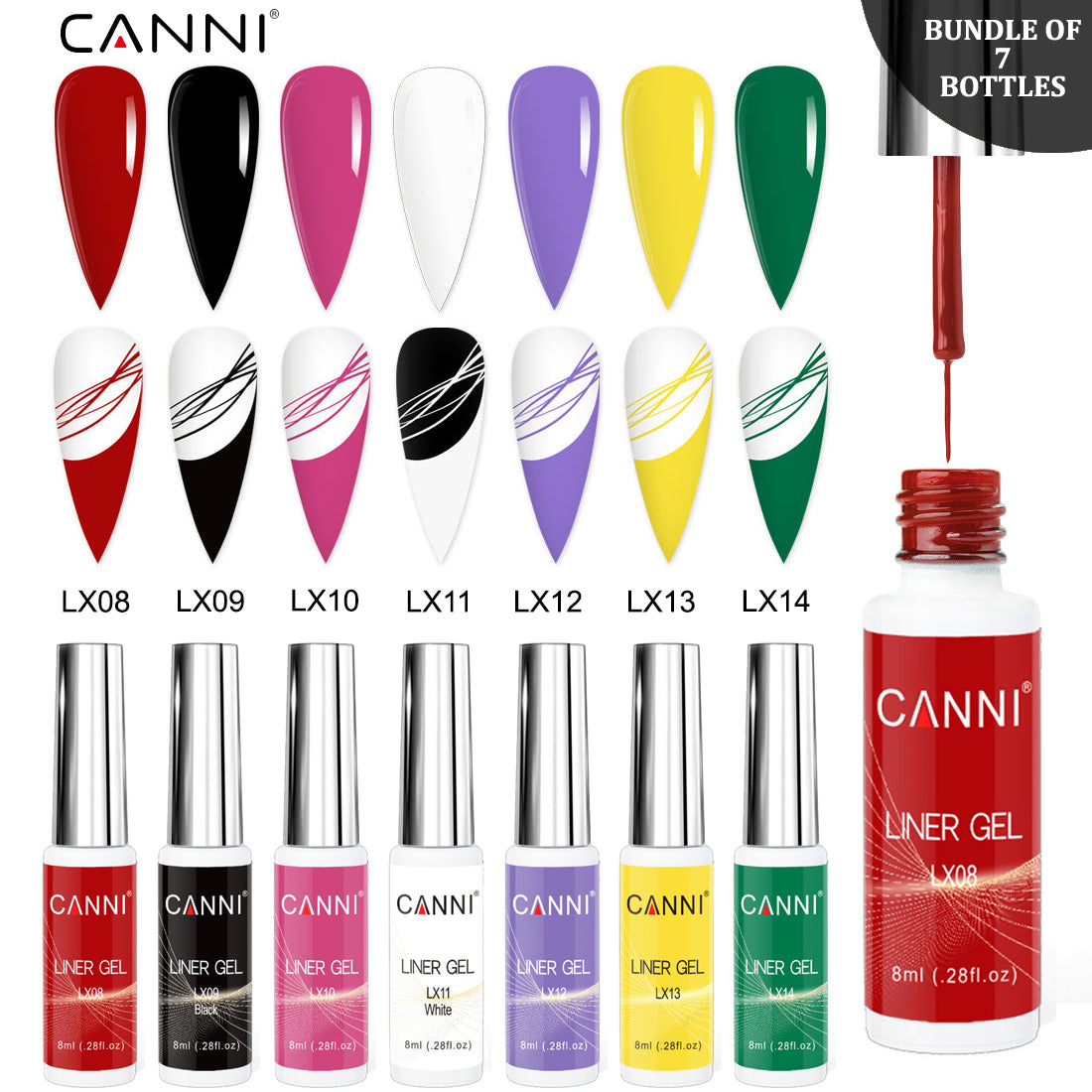 CANNI UV Liner Gel Nail Art Polish – 8ml | Bundle 01 | 7 Bottles