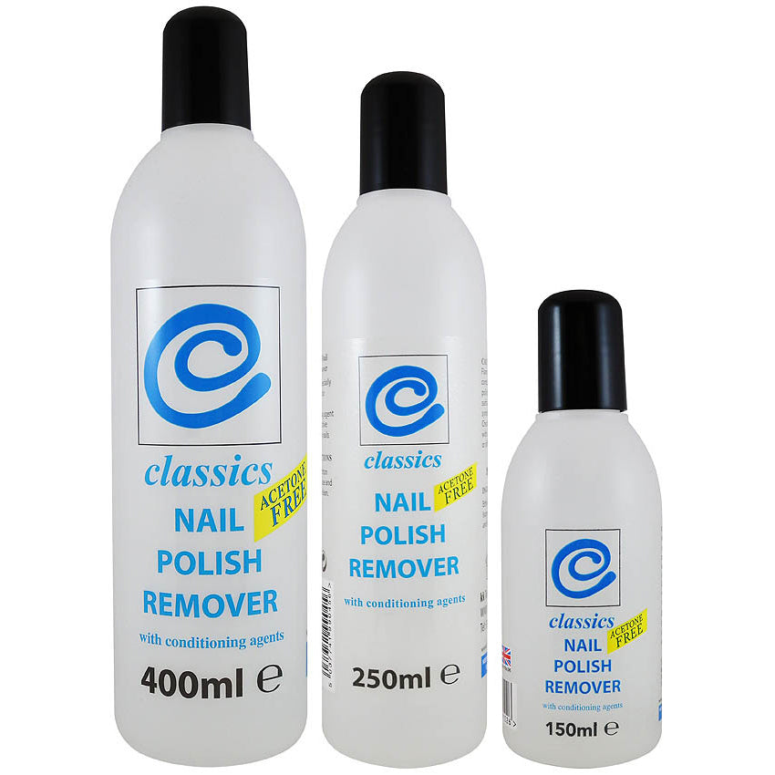 Three bottles of Classics Nail Polish Remover in 150ml, 250ml, and 400ml sizes.